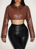 Women's Cropped Faux Leather Jacket with Innovative Zipper