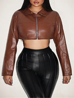 Women's Cropped Faux Leather Jacket with Innovative Zipper