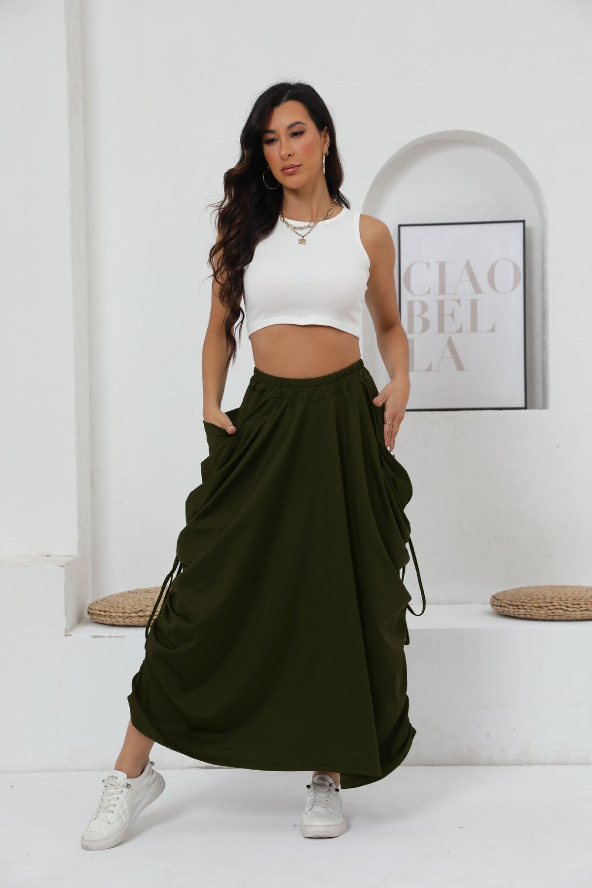 Women's Maxi Skirt with Side Ruching and Pockets