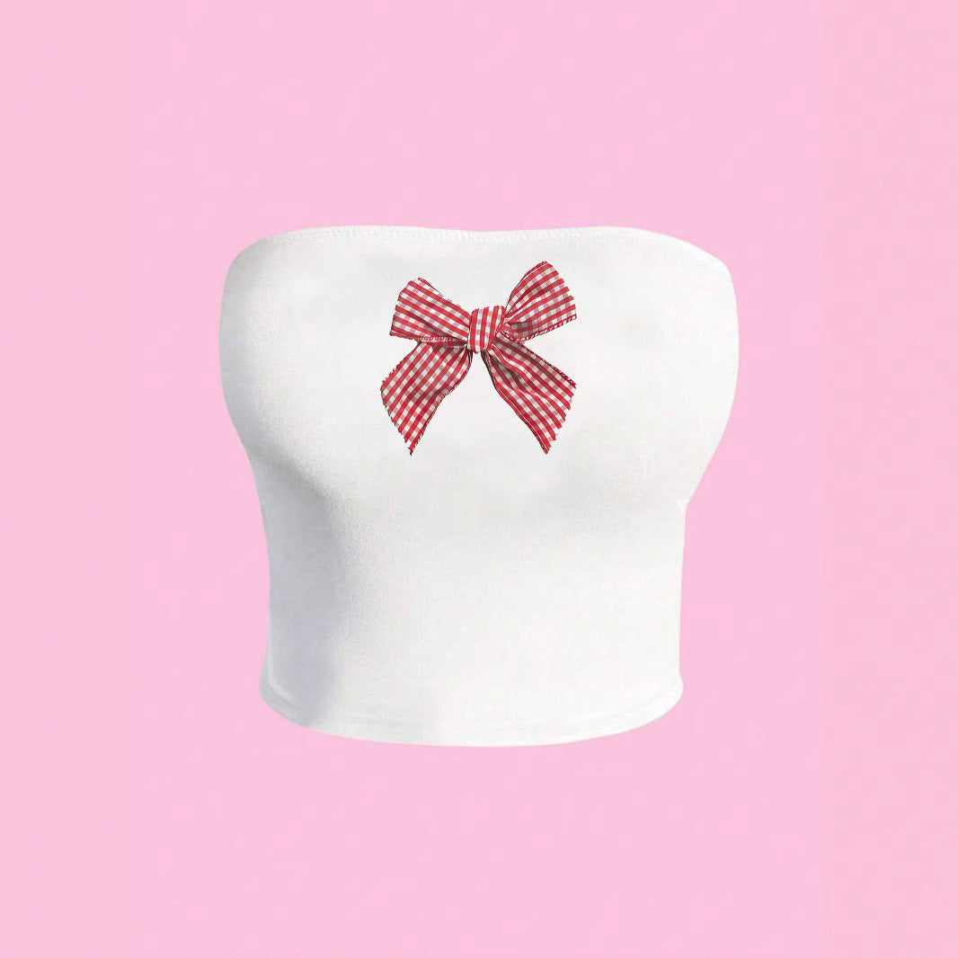 Women's Plaid Bandeau Top with Decorative Bow