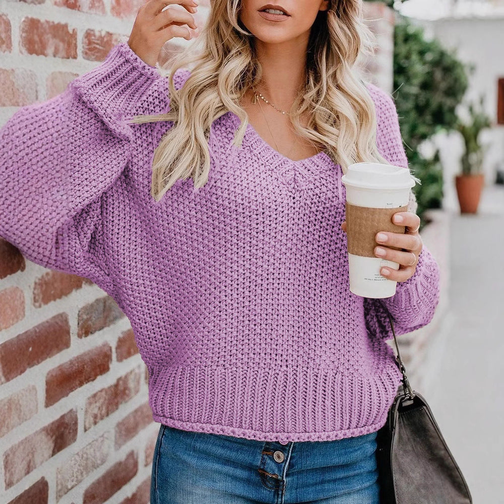 Women's Chunky Knit Sweater with V-Neck and Casual Fit