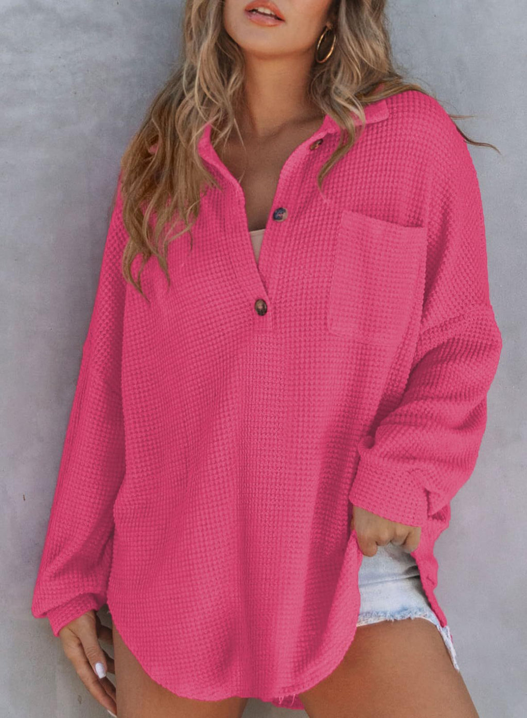 Women's Casual Waffle Texture Shirt with Button Placket and Chest Pocket