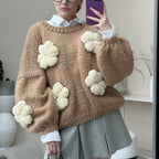 Women's Polka Dot Knit Sweater with Voluminous Sleeves and Floral Design