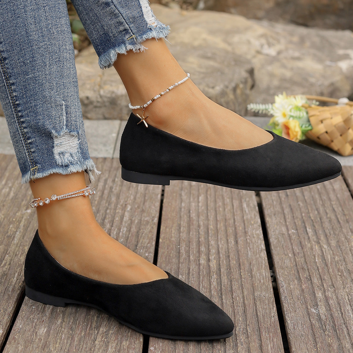 Women's V-Neck Suede-Look Ballet Flats