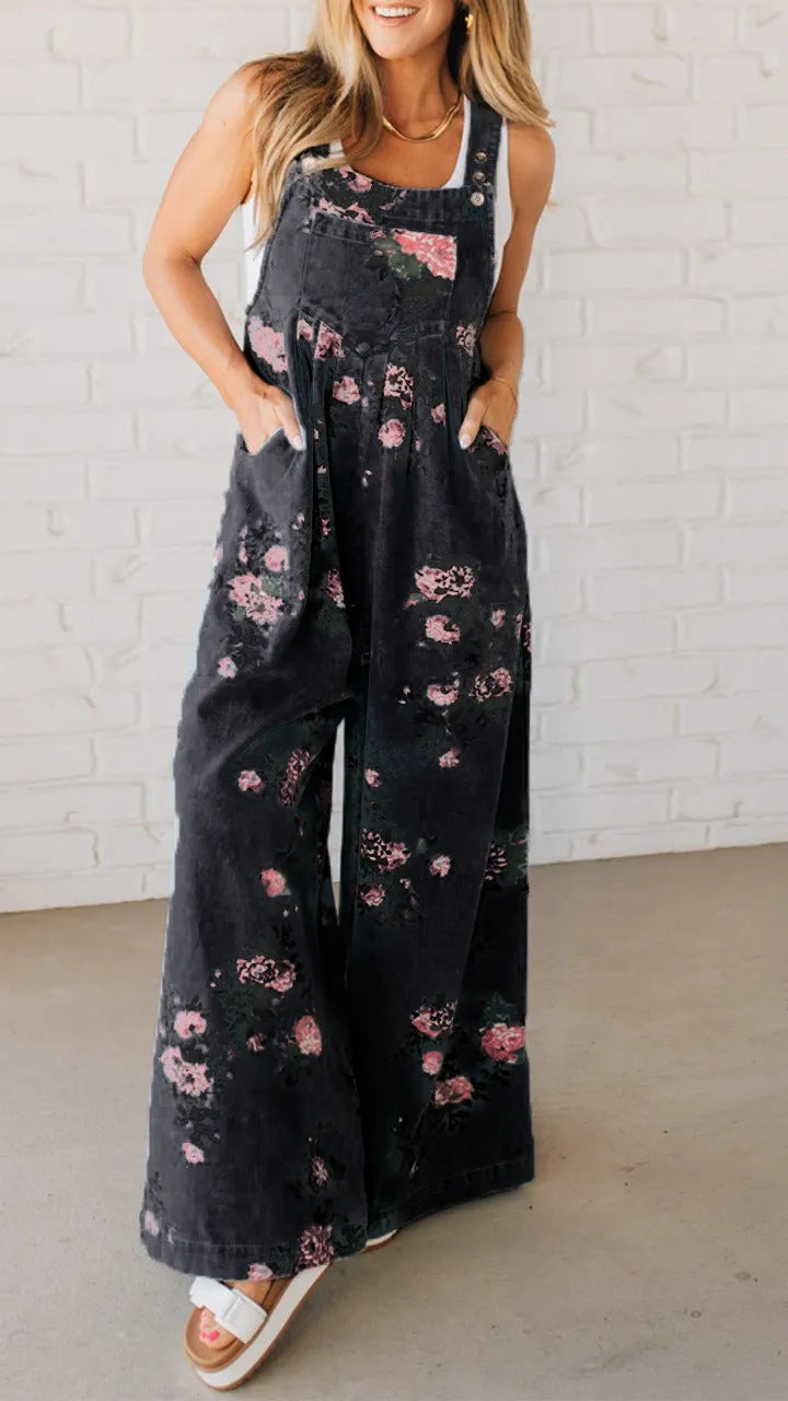 Women's Casual Denim Jumpsuit with Floral Print and Wide Legs