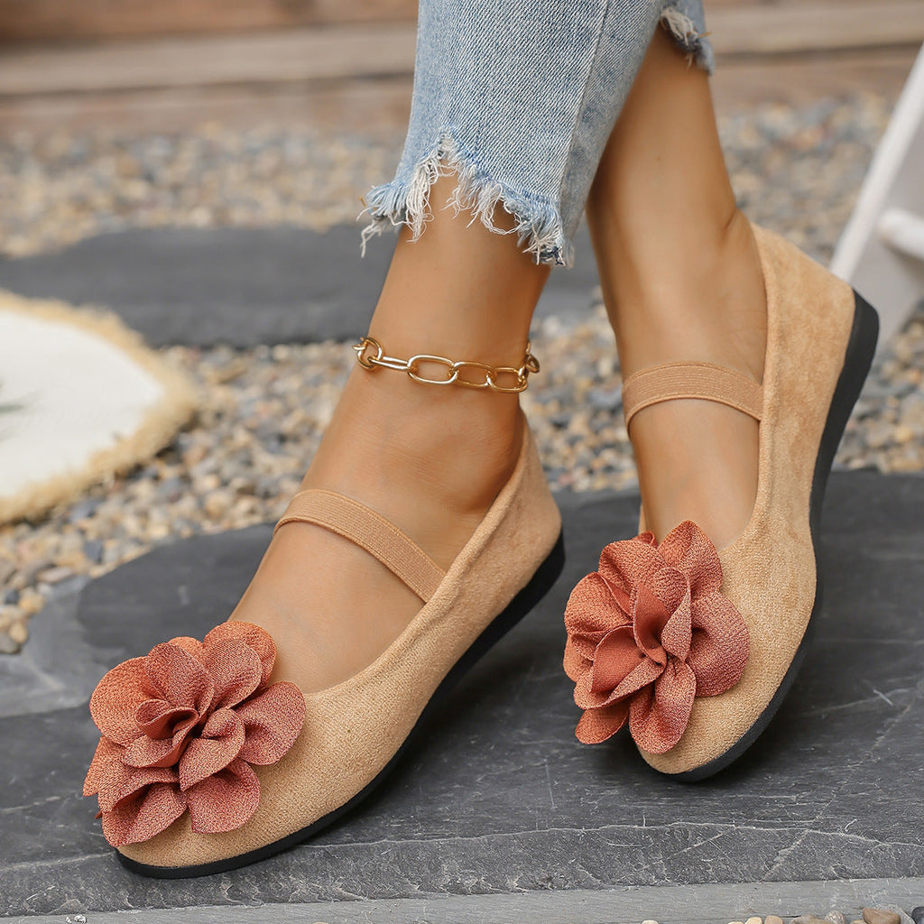Women's Ballet Flats with Floral 3D Flower Design and Elastic Strap