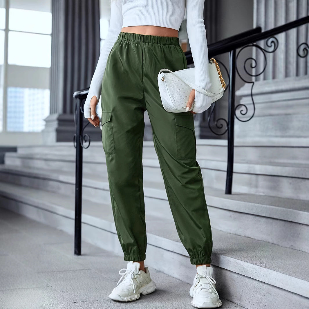 Women's Cargo Pants with Elastic Waist and Side Pockets