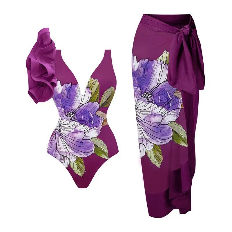 Women's Swimsuit Set with Floral Design and Elegant Wrap Skirt