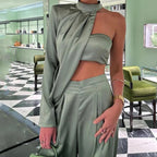 Women's Elegant Two-Piece Set with Asymmetric Top and Wide-Leg Pants