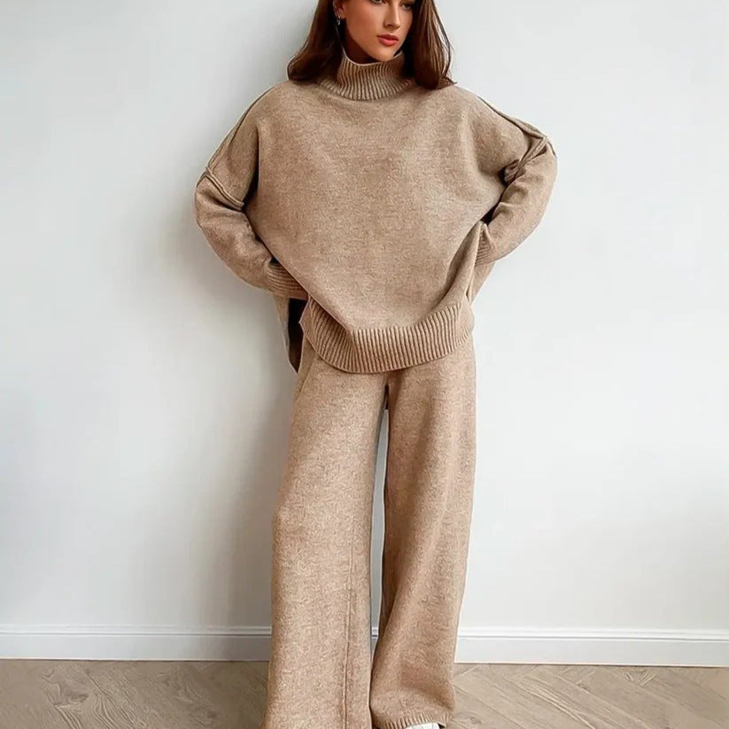 Women's Cozy Knit Ensemble with High Collar and Wide-Leg Pants