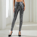 Women's High-Gloss Leggings with Wave Pattern and High Waist