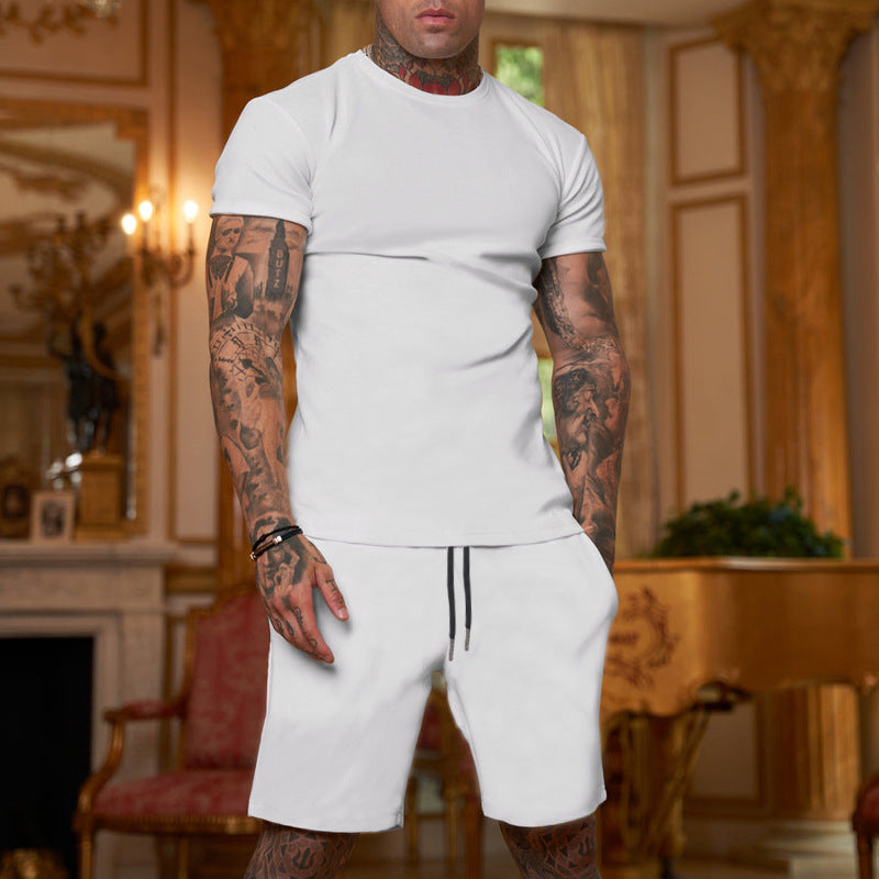 Men's slim Jersey set with round neck shirt and elastic drawstring shorts