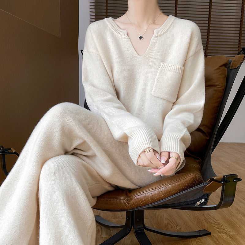 Women's Cozy Knit Ensemble with Wide Sweater and Wide-Leg Pants