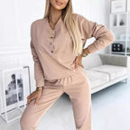 Women's Leisure Suit with Fashionable Button Details and Elastic Waist
