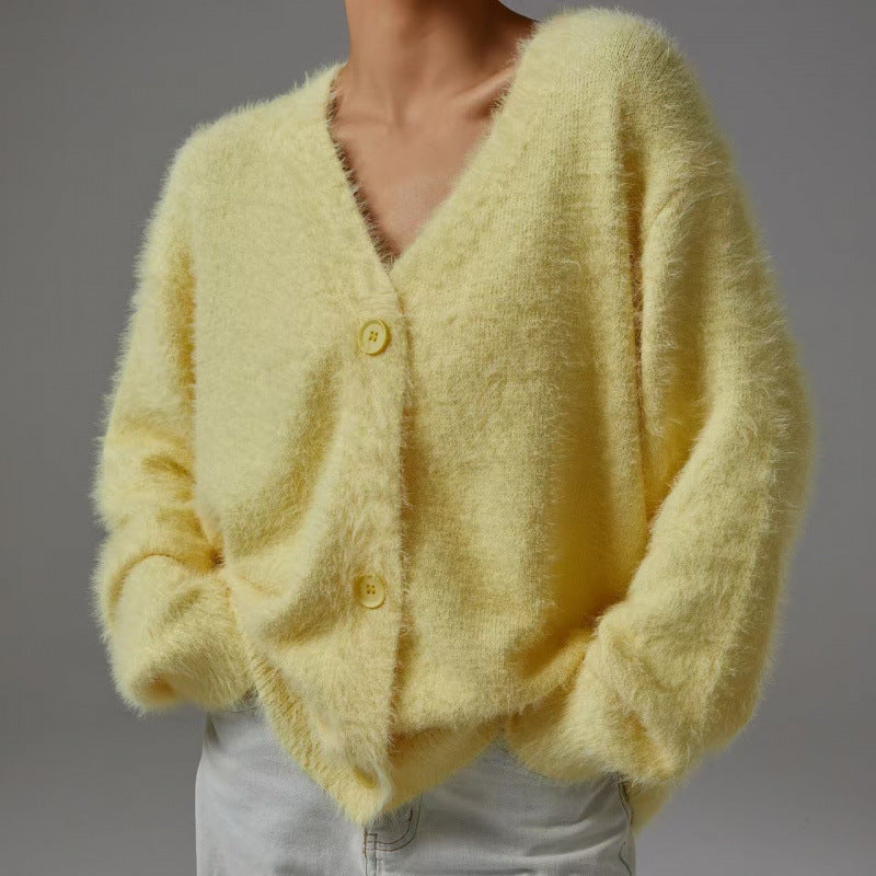 Women's Fluffy Cardigan with V-Neck and Oversized Cut