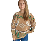 Women's Patterned Christmas Sweater with Festive Reindeer Design and Oversized Fit