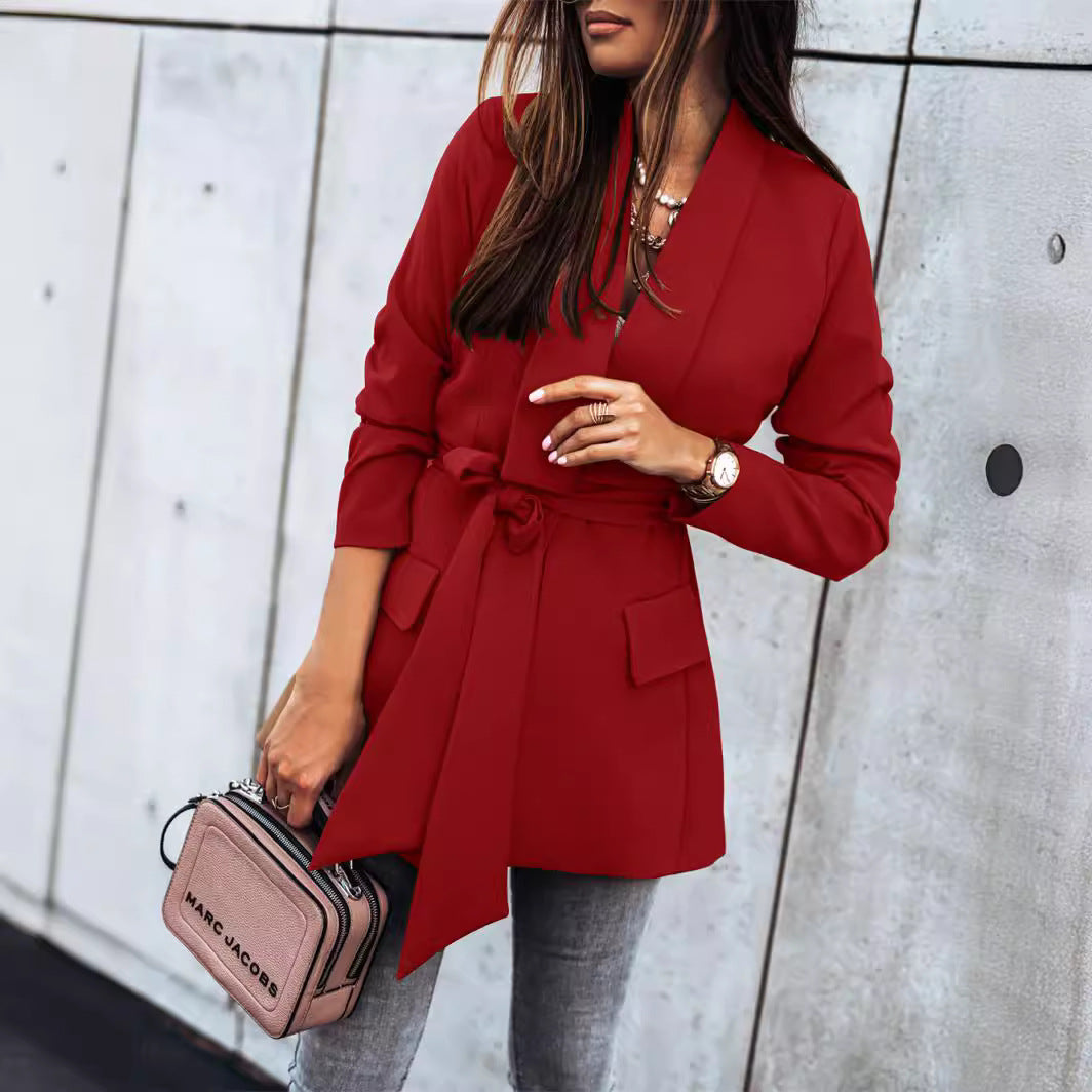 Women's Elegant Tailored Blazer with Belt and Pockets