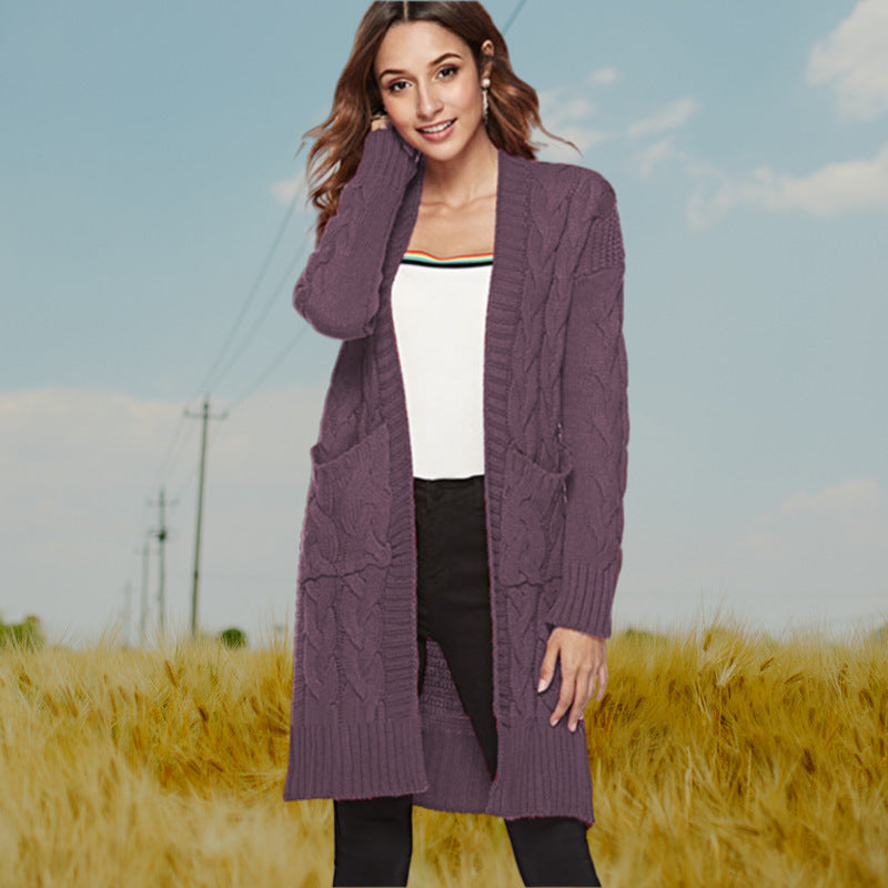 Women's Chunky Knit Cardigan with Deep Pockets and Decorative Cable Knit