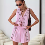 Women's Airy Two-Piece Set with Floral Embroidery