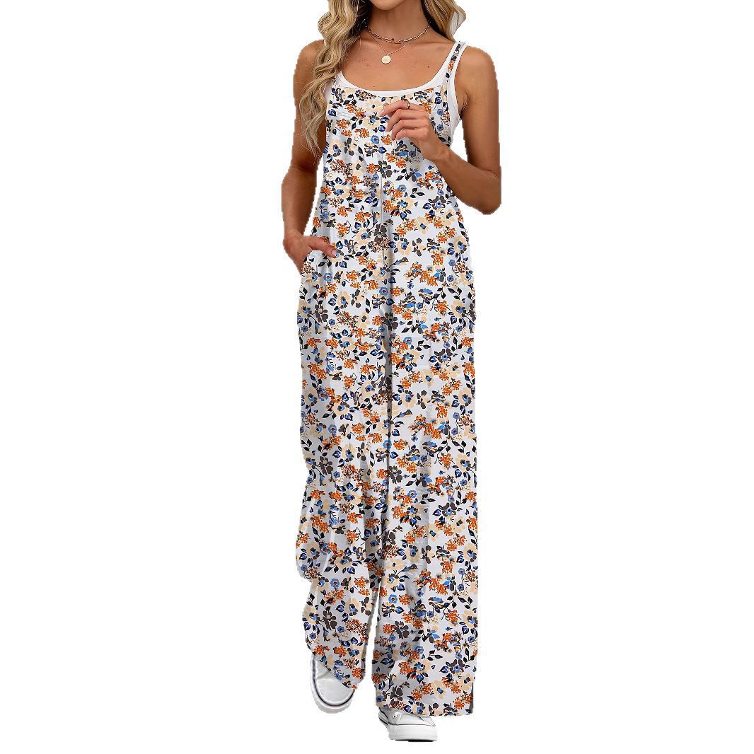 Casual Women's Jumpsuit with Floral Patterns and Pockets