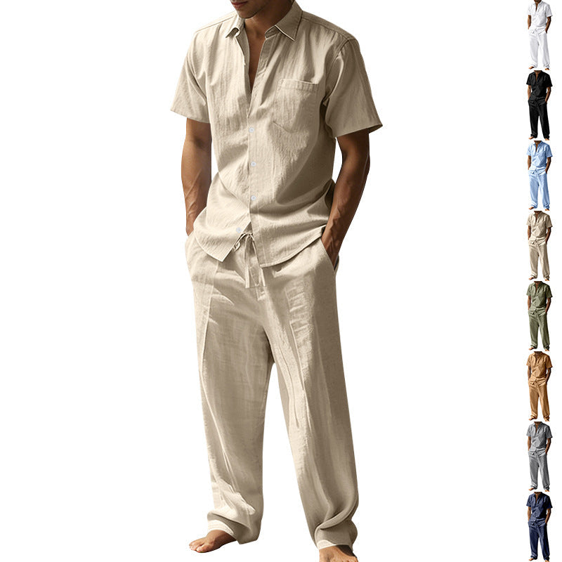 Men's resort-appropriate short-sleeve shirt with chest pocket and casual linen drawstring pants