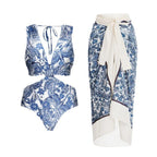 Women's Swimsuit Set with Wrap Skirt and Floral Design