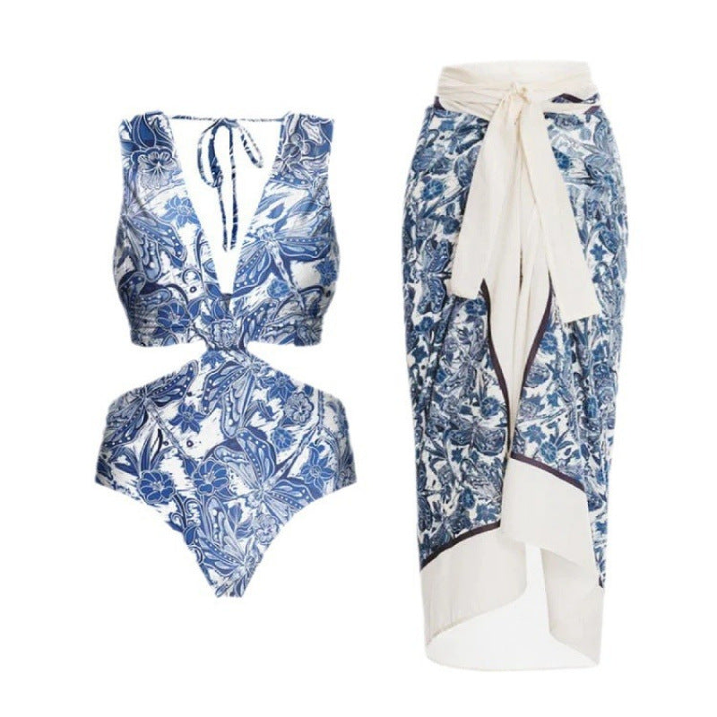 Women's Swimsuit Set with Wrap Skirt and Floral Design