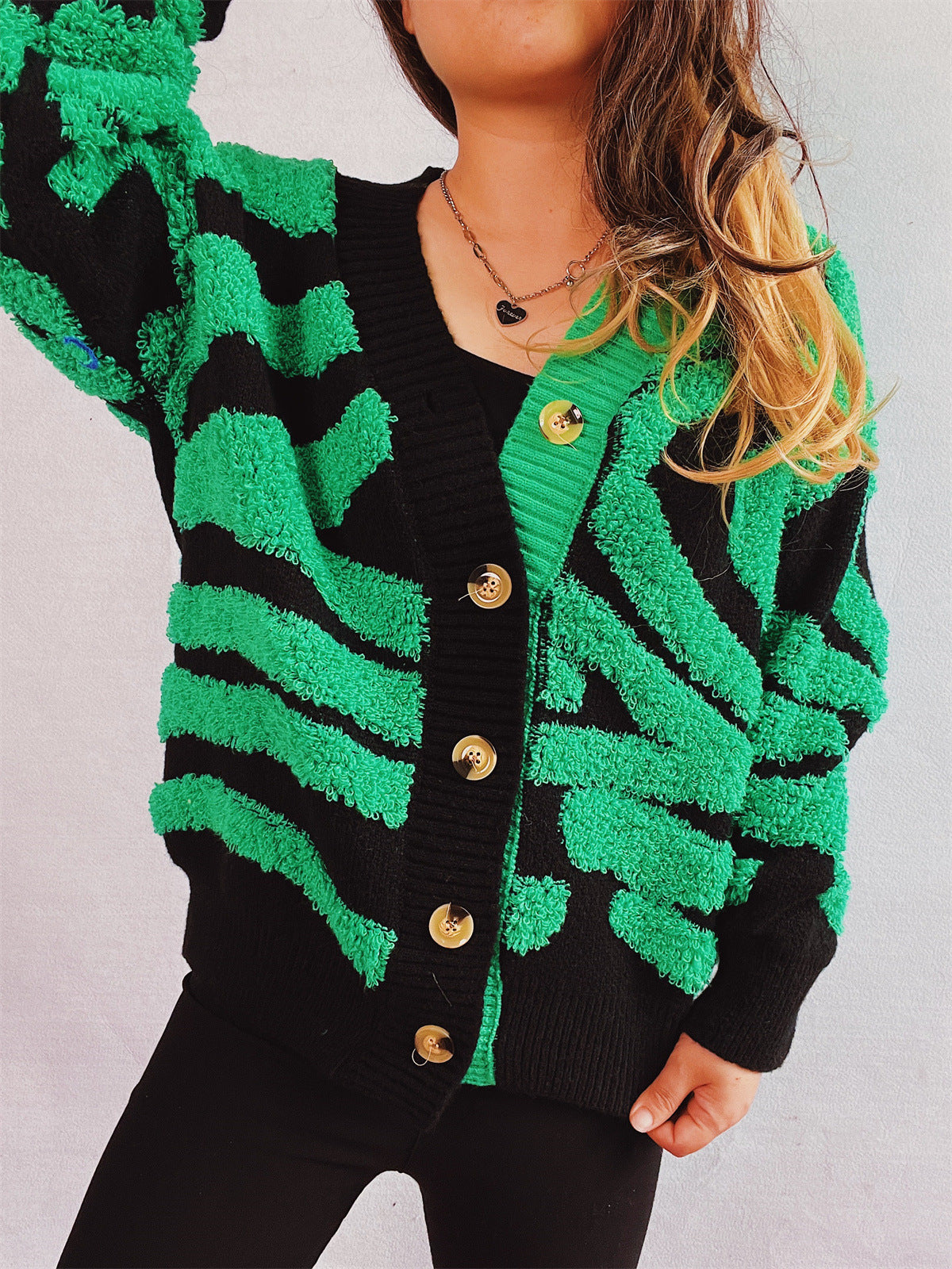 Women's Chunky Knit Cardigan with Pattern Mix and Elegant Button Details