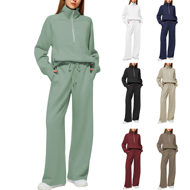 Women's Casual Sweatpants Suit with High Collar and Kangaroo Pocket