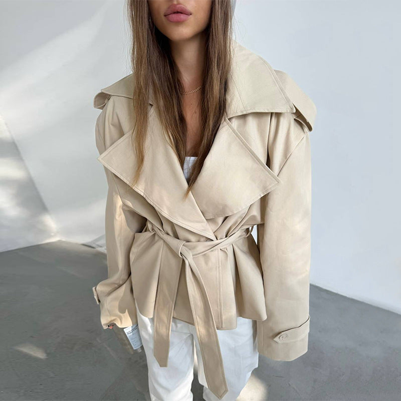 Women's Elegant Trench Coat with Waist Belt and Wide Cut