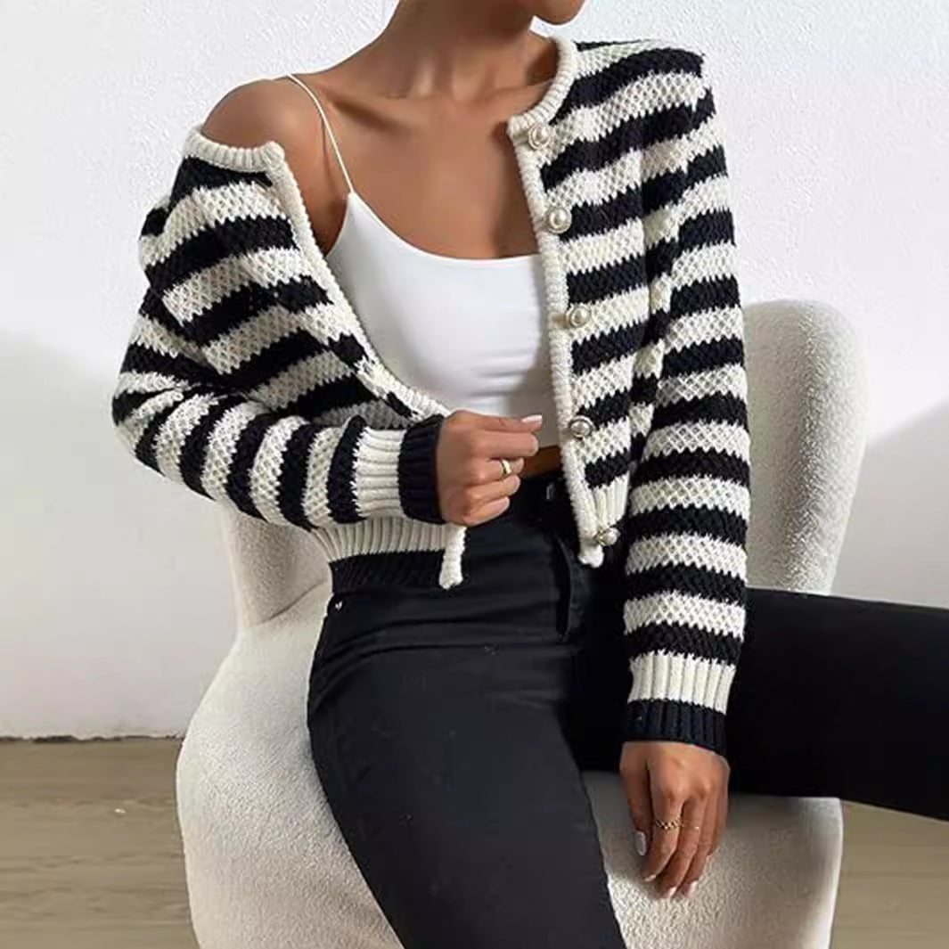 Women's Striped Cardigan with Decorative Buttons