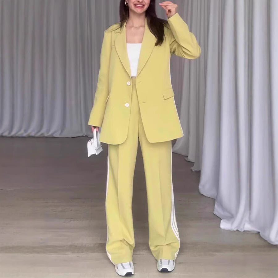 Women's Fashionable Blazer and Pants Set with Contrast Stripes