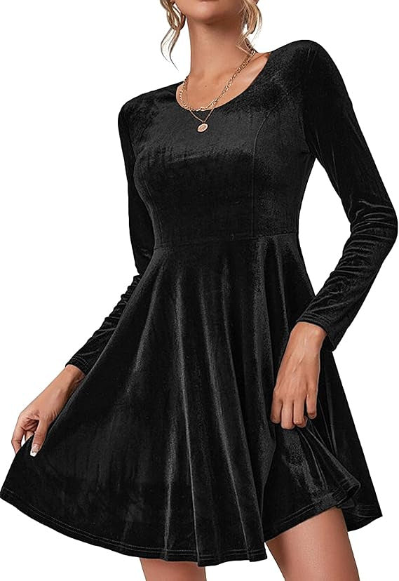 Women's Velvet A-Line Dress with Long Sleeves and Round Neck