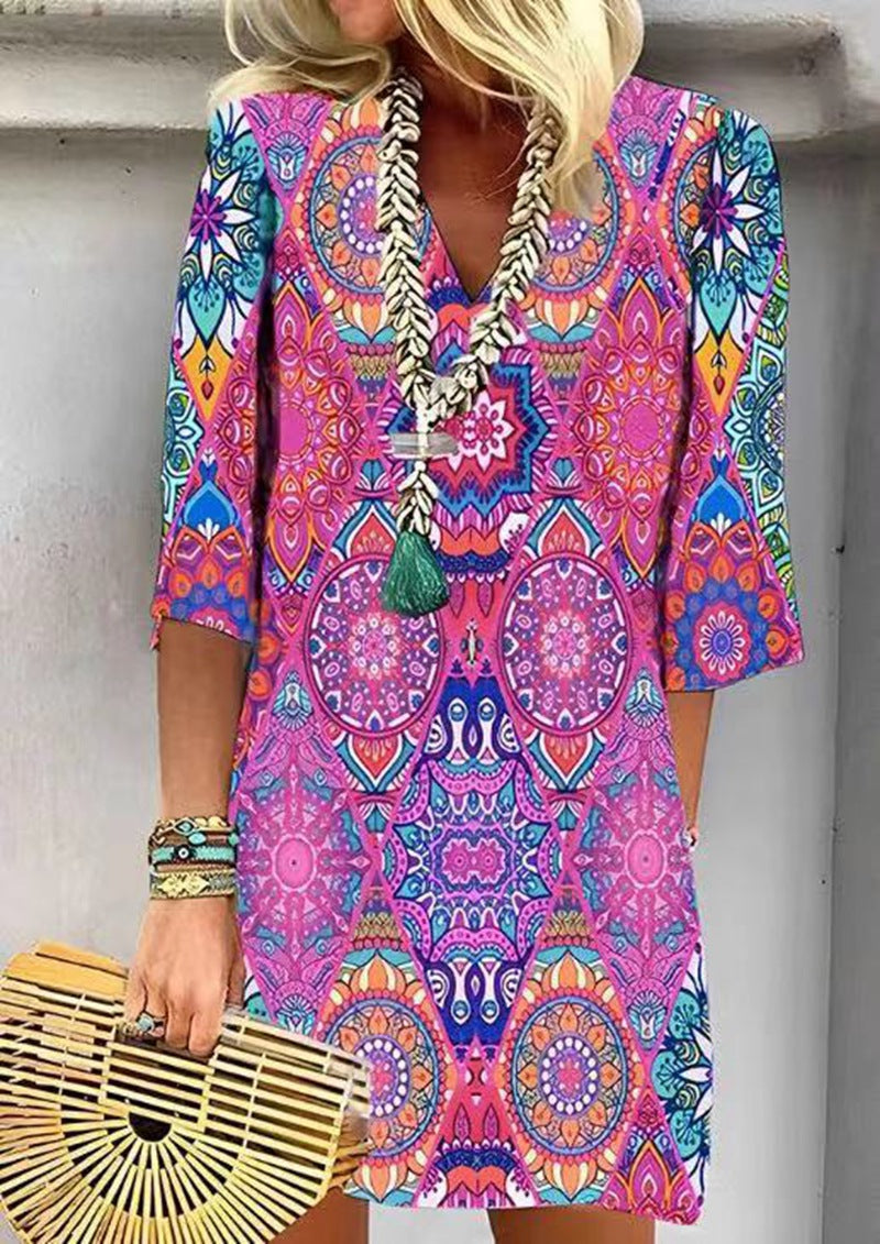 Mandala-Print Shirt Dress with V-Neck