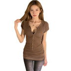 Women's Form-Fitting Short Sleeve Shirt with Button Placket and Ribbed Texture