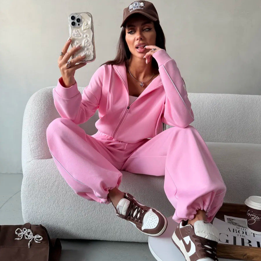 Women’s Casual French Terry Lounge Set with Short Zip Hoodie and Wide-Leg Joggers