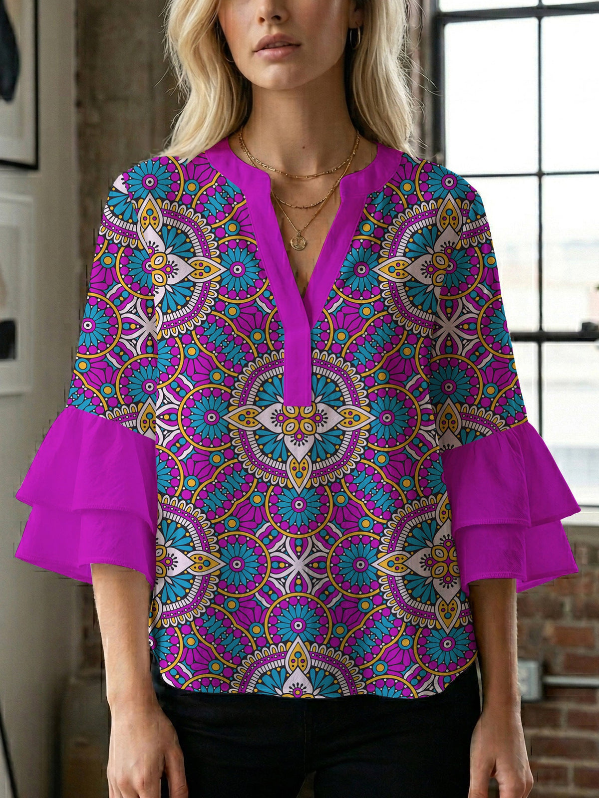 Women's Floral Top with Voluminous Ruffled Sleeves