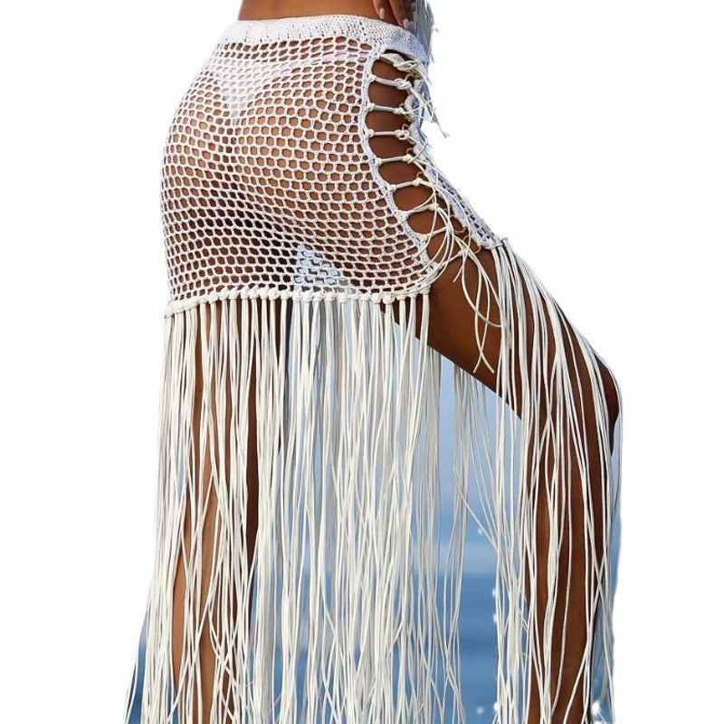 Women's Crochet Beach Poncho with Fringe and Shell Details