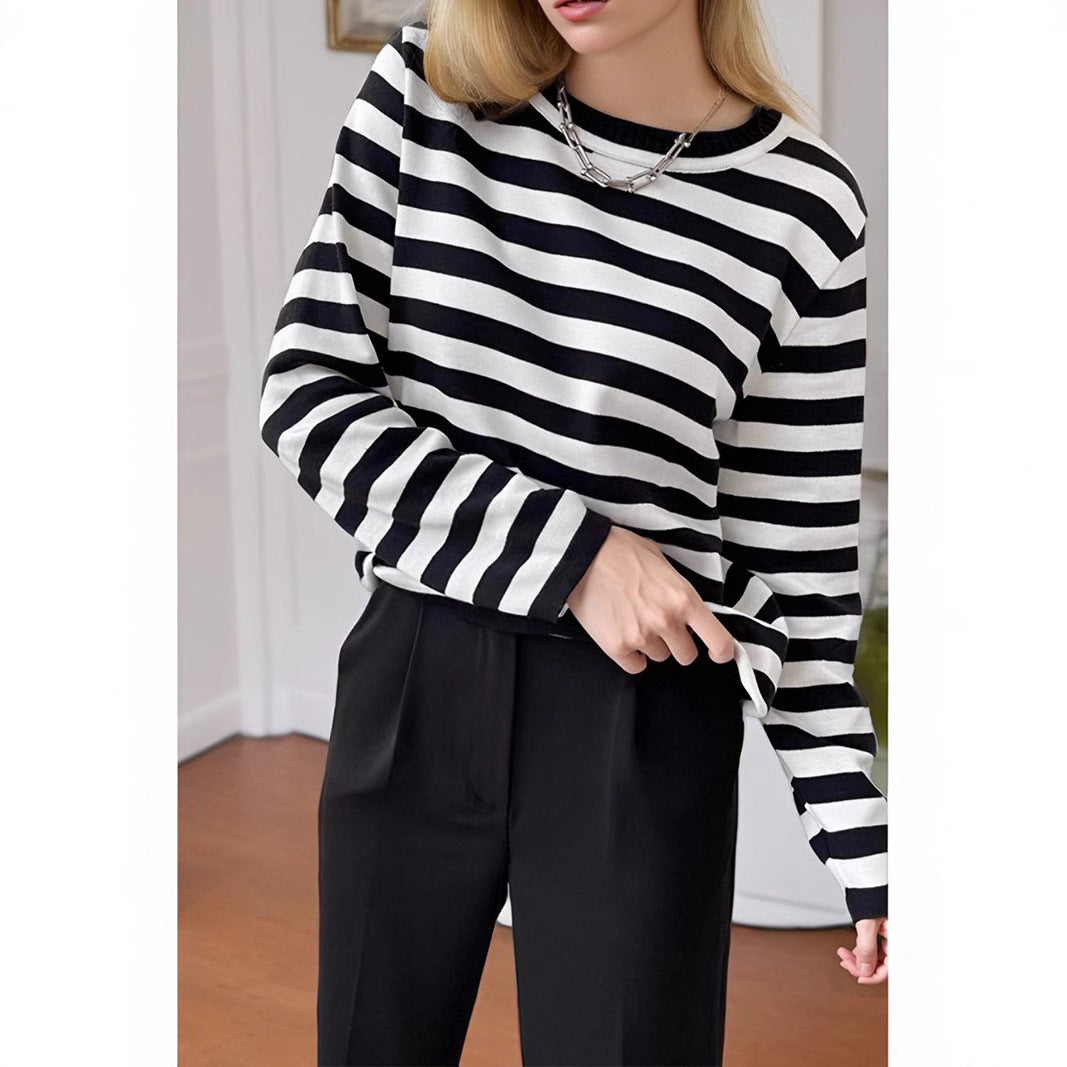 Women's Striped Long-Sleeve Sweater with Crew Neck and Casual Fit