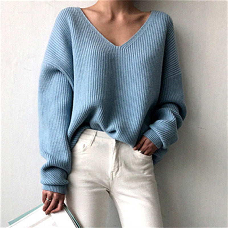 Women's Elegant V-Neck Knit Sweater with Textured Design