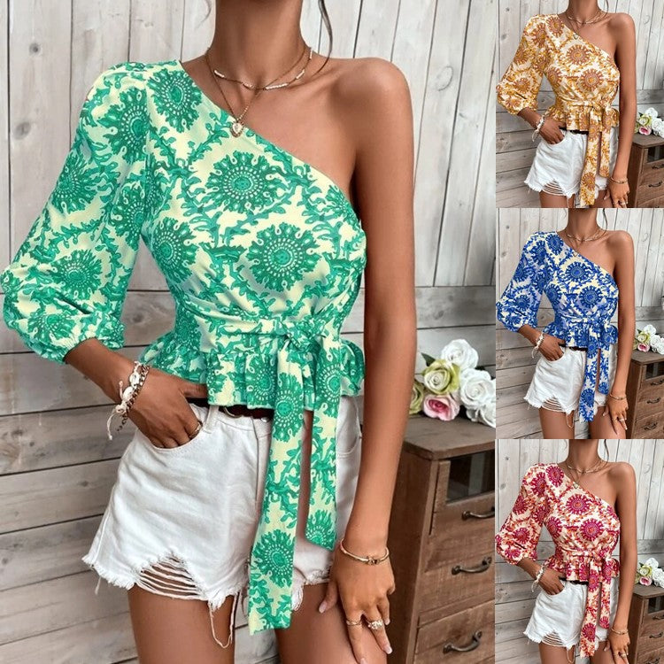 Women's Asymmetrical Top with Voluminous Sleeve and Waist Belt