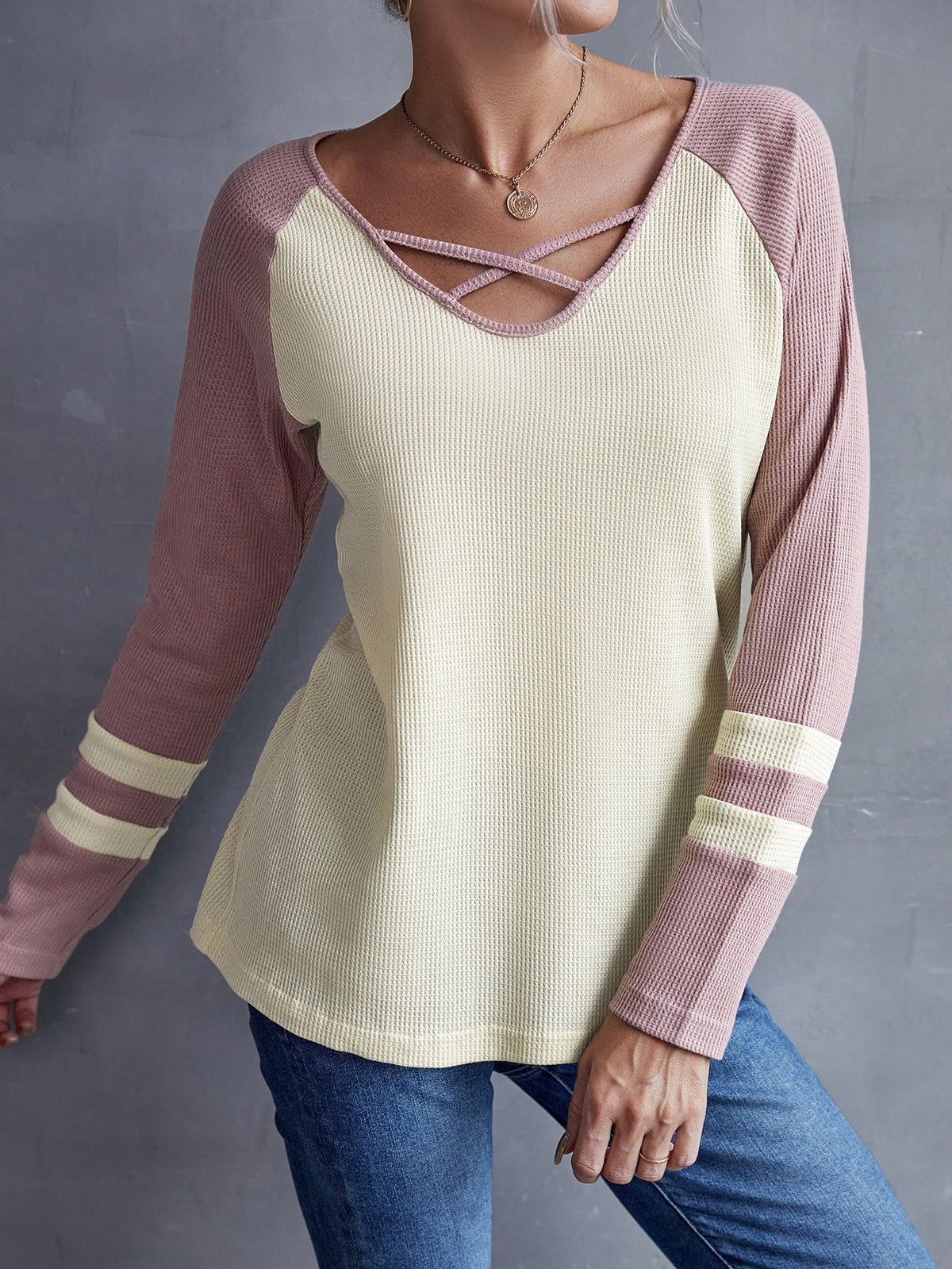 Women's Casual Long-Sleeve Criss-Cross Neck Shirt