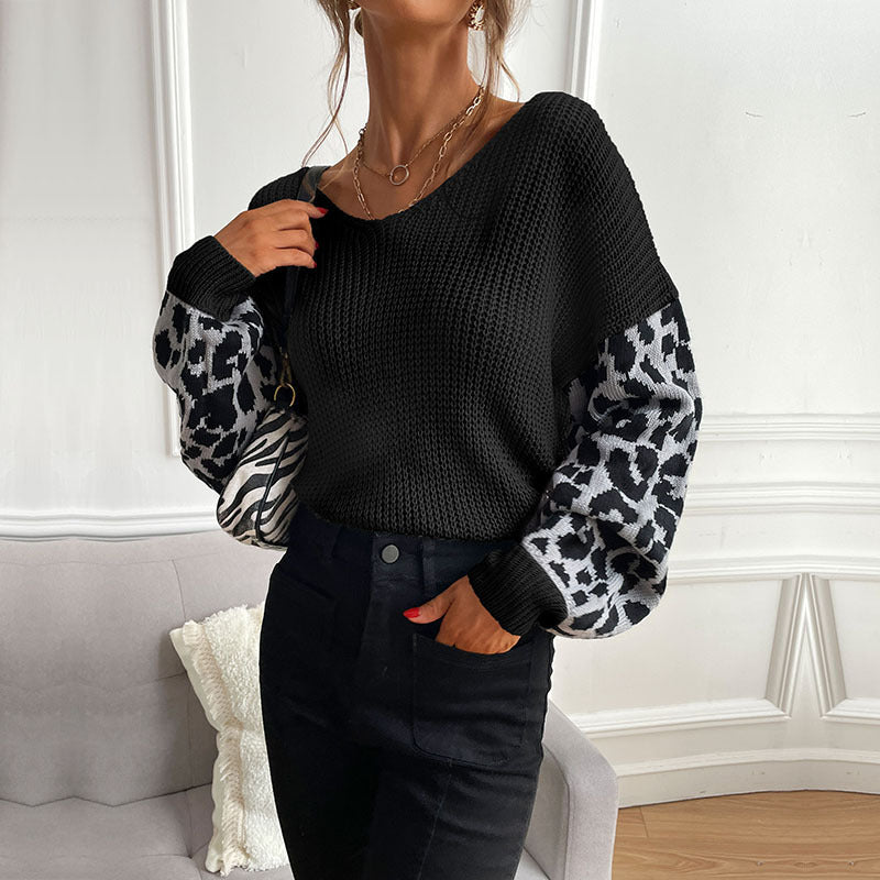 Women's Casual Pullover with Leopard Print and Loose Fit