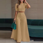Elegant Short Puff-Sleeve Top and High-Waisted Palazzo Pants Set