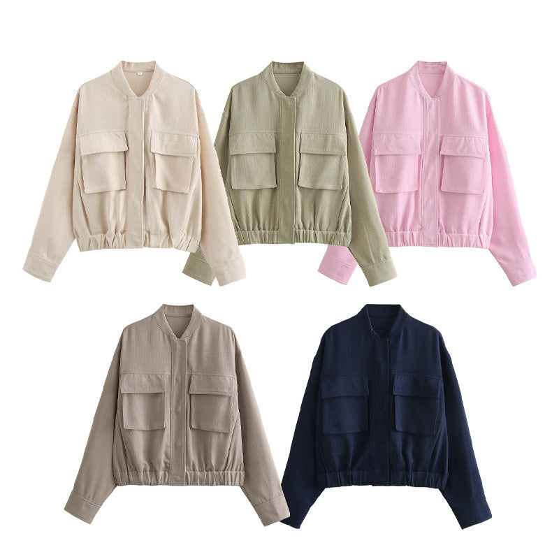 Women's Elegant Utility Jacket with Large Pockets and Elastic Hem