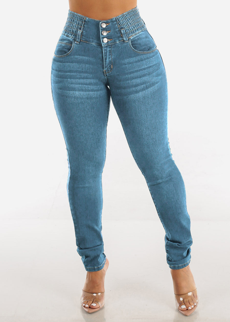 Women's High-Waist Skinny Jeans with Elastic Waistband