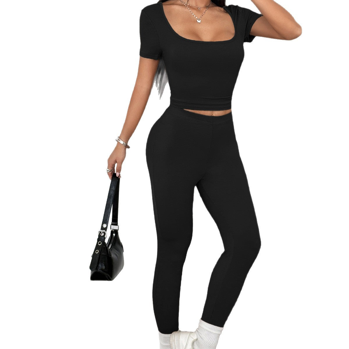 Women's Figure-Hugging Sport Set with Short-Sleeve Top and High-Waisted Leggings