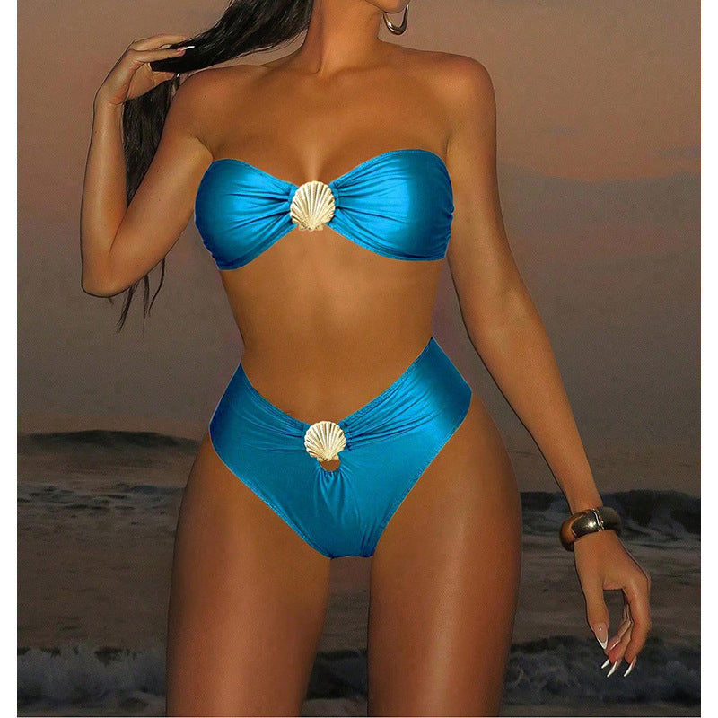Women's Bandeau Bikini with Elegant Shell Detail and High-Leg Cut