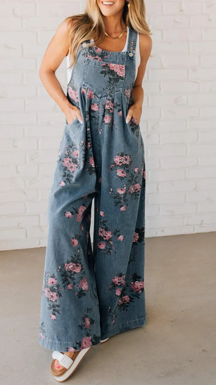 Women's Casual Denim Jumpsuit with Floral Print and Wide Legs