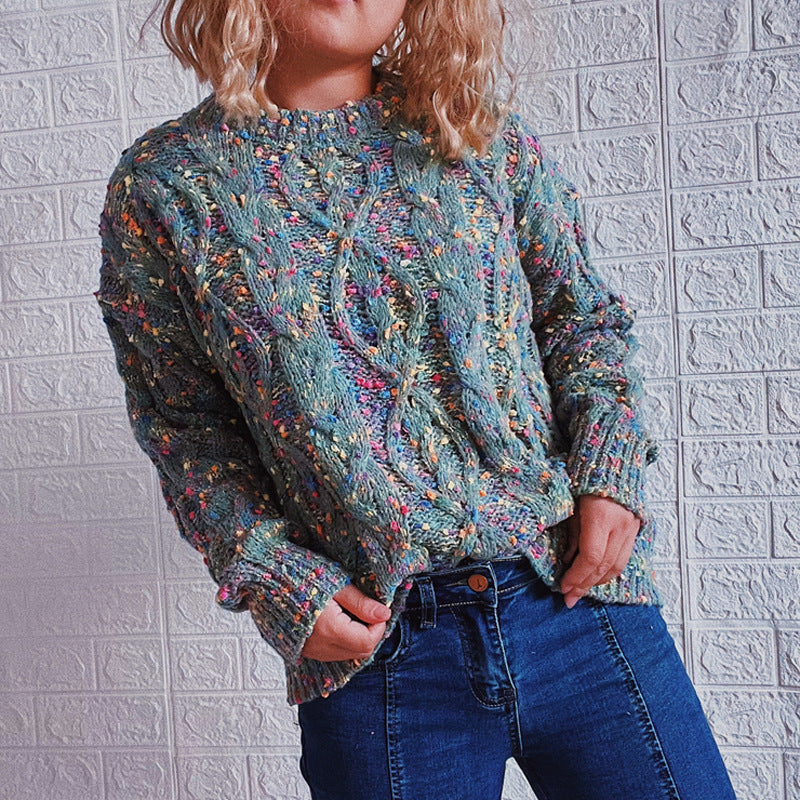 Women's Chunky Knit Sweater with Colorful Accents and Relaxed Fit